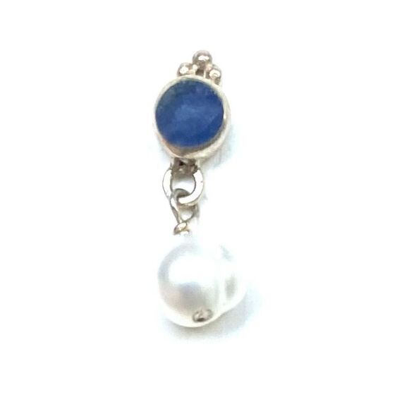 Beautiful Blue Agate, Pearl & Sterling 925 Silver Dangle Earrings - Picture 2 of 8